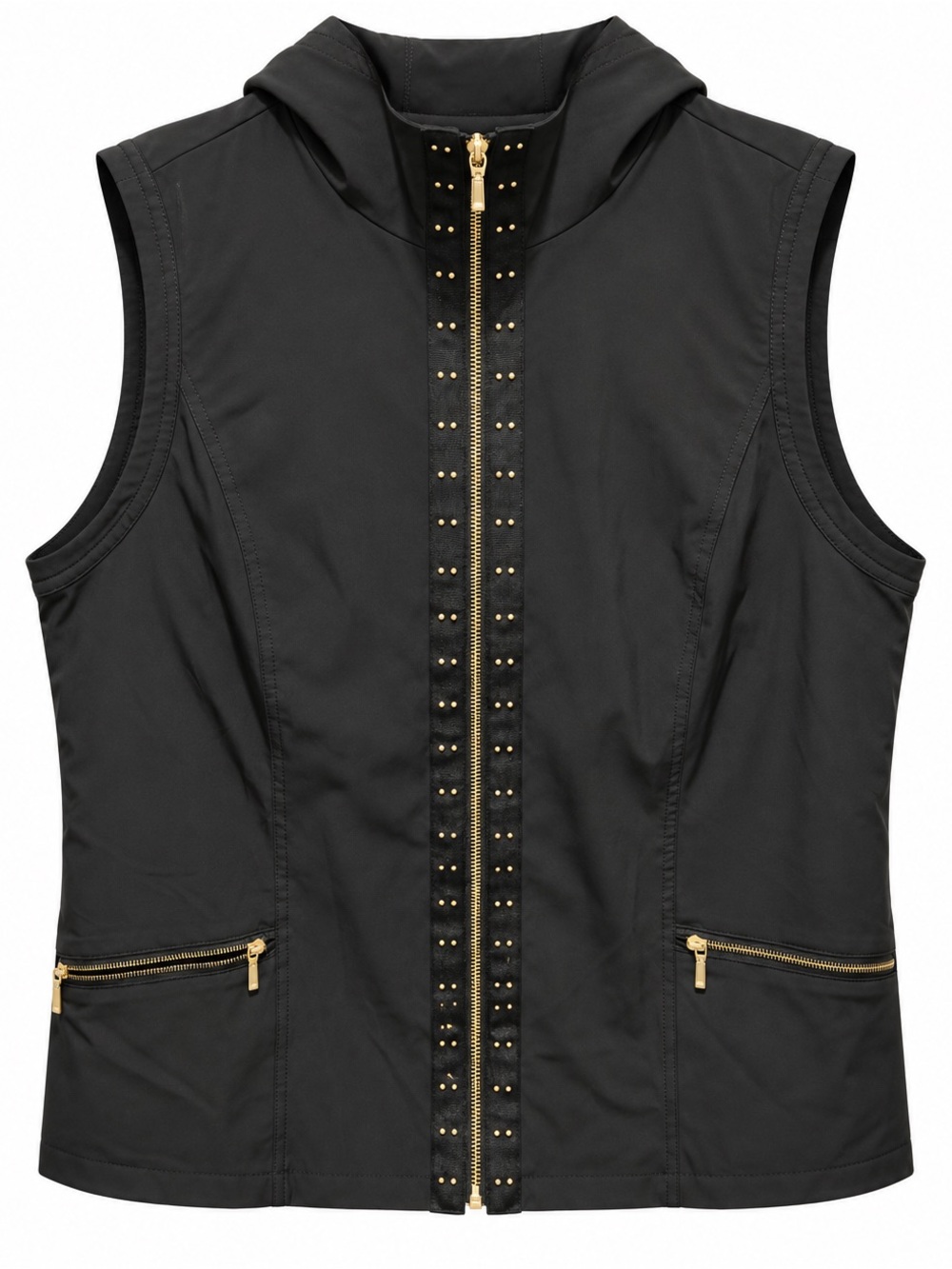 Black Hooded Sleeveless Vest with Gold Studded Zip